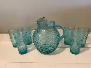 Vintage Anchor Hocking Lido Milano Set W/Pitcher & 6 Tumblers -Peacock Teal Blue - Picture 1 of 13