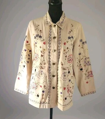 Denim & Co. Mujer Tostado Caqui Chaqueta con Bordado Floral Multicolor Pequeña  Foto 1 de 4