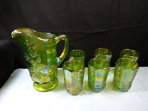 Westmoreland Lime Green Carnival Glass Paneled Grape Water Set Pitcher Tumblers2 - Picture 1 of 15