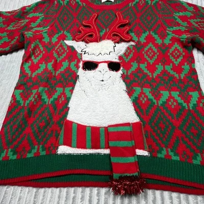 Holiday Time Llama Sunglasses Ugly Christmas Sweater XL Red Green - Image 1 of 4