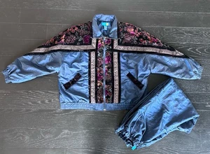 Vtg 90s On Your Mark Tracksuit Jacket & Pants Set, Blue /Floral Velvet Panel XL - Picture 1 of 11