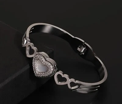 Mother Of Pearl Rhinestone 5 Heart Hinged Stainless Steel Bangle Cuff Bracelet - Image 1 of 4