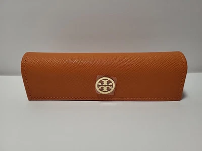 Tory Burch Eye Glass Case Orange Faux Leather Gold Tone Metal Logo W/Pouch - Image 1 of 4