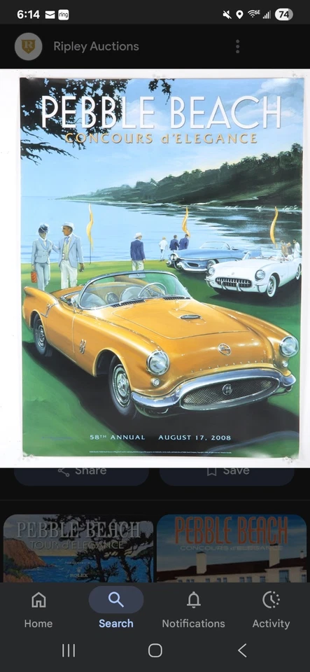 SIGNED 2008 Pebble Beach Concours Poster OLDSMOBILE F-88 Concept Car Maher EXC - Image 1 of 1