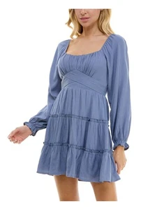 TRIXXI Womens Blue Cross Fabric Waist Lined Long Sleeve Short Dress Juniors M - Picture 1 of 11