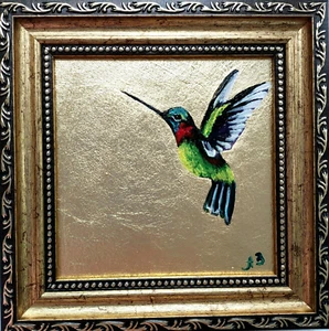 Hummingbird Bird Painting Art Gold Leaf Texture Hand Painted Framed Colibri - Picture 1 of 11