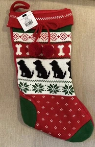NWT Christmas stocking dog puppy red green knitted bone 17. 5" x 9.7" - Picture 1 of 2