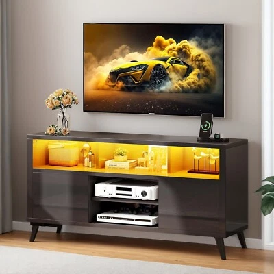High Gloss TV Stand Cabinet with LED Lights Entertainment Center for 55" 60" TV - Image 1 of 4