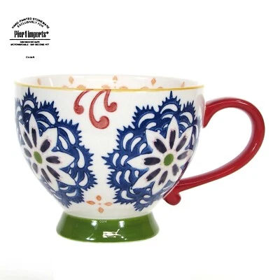 Taza Pedestal Pier 1 Imports BATIK FLORAL 15oz Mango Rojo Azul Verde Foto 1 de 4