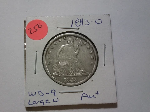 1843-O Seated Liberty Half Dollar WB-9 Large O AU+ Cover