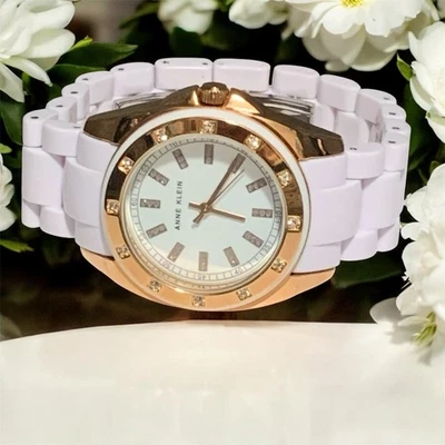 Anne Klein Ladies Watch Swarovski Crystal Bezel White Bracelet New Batt EUC - Image 1 of 4