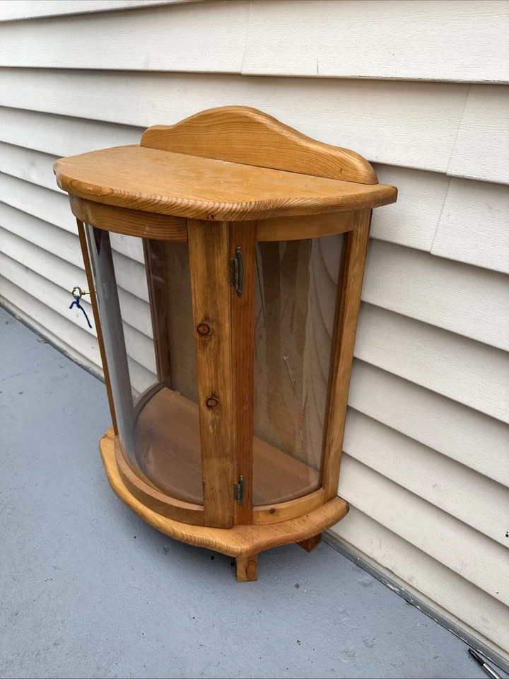 VTG Wooden Curio Cabinet Curved Glass Door Half Round Hanging Table Top 29X23 - Image 1 of 4