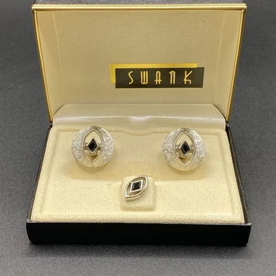 Juego de gemelos y corbatas vintage Swank con forma de diamante negro en caja Foto 1 de 4