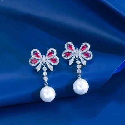 2.10 Ct Pear Cut Lab-Created Red Ruby Drop/Dangle Earring 14K White Gold Plated - Image 1 of 4