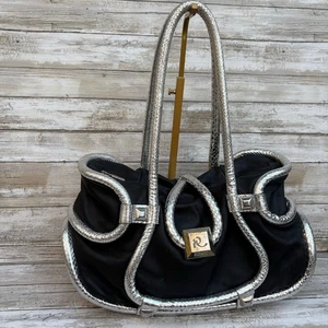 Ripani Y2K Handtasche Umhängetasche Schwarz Silber Metallic Leder Glam Reptil Avantgarde - Bild 1 von 18