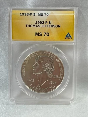 1993 P Thomas Jefferson Commemorative Dollar,  ANACS MS 70,  $1  - Image 1 of 4