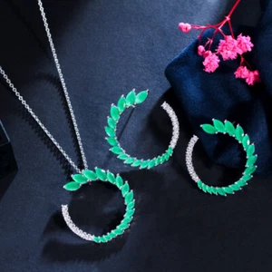 Brilliant Green CZ Bridal Necklace Jewelry Leaf Marquise Cut Pendant Earring Set - Picture 1 of 9