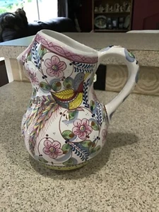 Hand Painted Reproduction Of XVll (17) Century Pitcher Birds Floral Ceramic - Picture 1 of 13