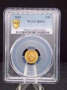 UNITED STATES 1862 PRINCESS GOLD DOLLAR PIECE SLABBED PCGS MS 63 - Imagen 1 de 2