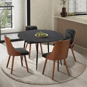 Oikiture 110cm Round Dining Table with 4PCS Dining Chairs Faux Leather Black - Picture 1 of 10
