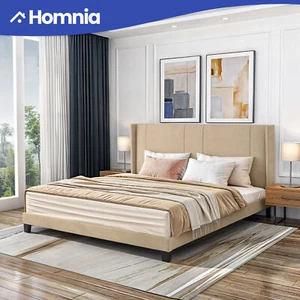 King Size Modern Velvet Upholstered Platform Bed Frame Beige Tufted Headboard - Picture 1 of 10