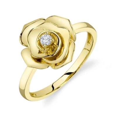 Diamond Rose Flower Ring 14K Yellow Gold 0.07 CT Round Cut Natural Certified - Image 1 of 4
