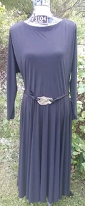 Vintage Richard Warren 1970/80s Black Dress Mother of Pearl Robe Belt Flowing - Picture 1 of 10