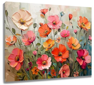 Arte de pared de lienzo floral rosa y azul hoja verde decoración para sala de estar 10x8 pulgadas - Imagen 1 de 7