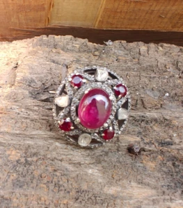 A+++ Quality Natural Ruby & Polki Ring 8.25 CTW Ruby Rose cut Polki Diamond Ring - Picture 1 of 5