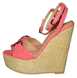 Just Fab Patent vegan leather Platform Peep Toe Ankle Buckle Espadrille Wedges - Picture 1 of 9