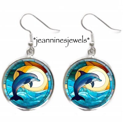 Dolphin Full Moon EARRINGS Faux Stained Glass Art Print Silver Charm Dangle - Image 1 of 4