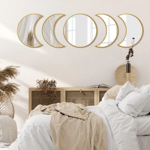 NEW Anthropologie (5 Piece) Boho Gold Moon Phase Mirror Hanging Wall Decor Set - Picture 1 of 10