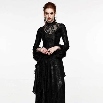 PUNK RAVE Gothic Kleid Gracious Dress Schwarz Lang Spitze Fransen Gotik - Bild 1 von 4