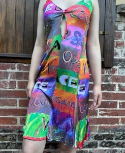 1990s Versace Couture Jeans Runway Pop Art Graffiti Stretch Dress 46 - Picture 1 of 24
