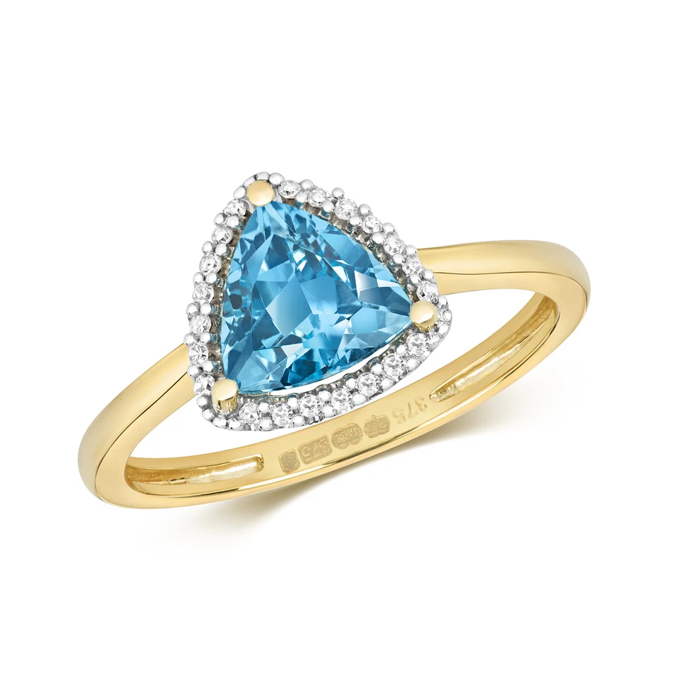 Bague Solitaire Femme Or Jaune 9 k/carat et Diamant 0.07 Carat avec Topaze Bleu - Photo 1/1