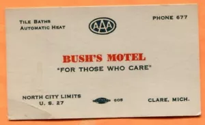 Clare MI Bush's Motel on US-27 Business Card circa 1960 - Picture 1 of 2