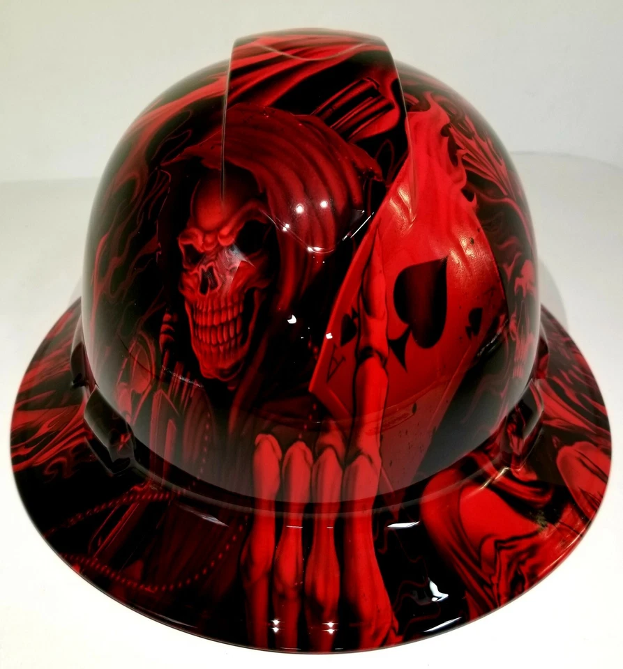 PYRAMEX FULL BRIM Hard Hat custom hydro dipped, NEW CANDY RADIOACTIVE RED ACE OF SKULLS