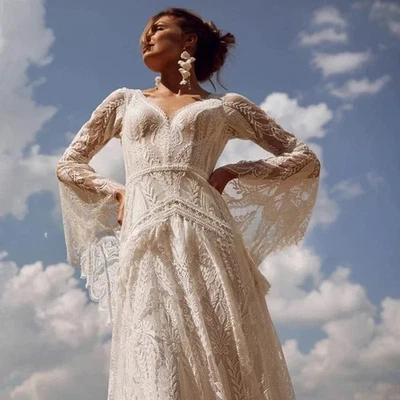Bohemia Vintage Wedding Dresses V-Neck Backless Bridal Gowns Flare Sleeves Lace  - Image 1 of 4