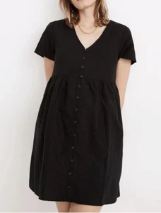 Madewell Dress Womens Large Flare Linen Blend Alexandra Button Front Black - Picture 1 of 11