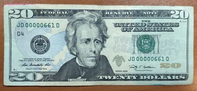 $20 Twenty Dollar Bill 2009, Fancy Low Serial Number JD 00000661 D - Image 1 of 2