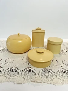 Vtg Set 4 Celluloid Pyralin Vanity Accessories Talc, Rouge Pot, Lge/Sm Container - Picture 1 of 11