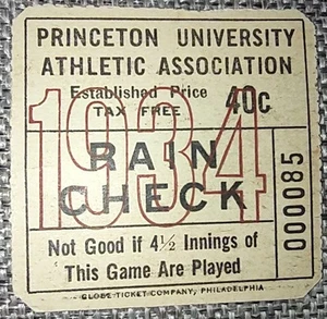 1934 PRINCETON UNIVERSITY ATHLETIC ASSOCIATION UNBENUTZTES BASEBALL-TICKET. - Bild 1 von 2