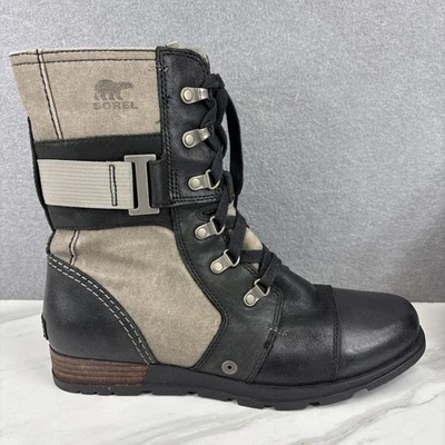 Bota Sorel Original Major Carly de Lona de Cuero con Cordones para Mujer 10 Negra Beige Foto 1 de 4