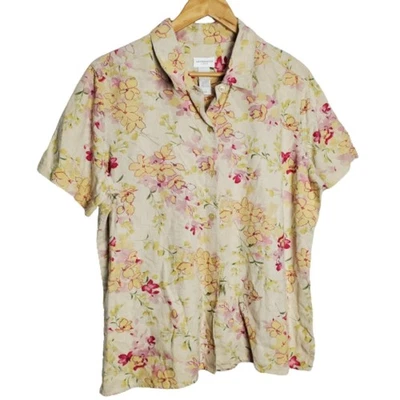 Liz Claiborne Vintage Blouse Women Large Linen Floral Button Cottage Preppy Boho - Image 1 of 4