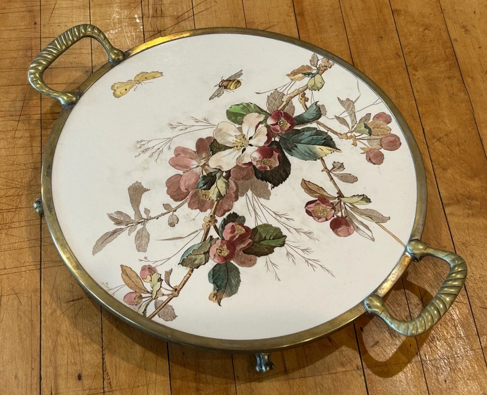 WMF 1900 Porcelana Latón Bandeja Soporte para Pasteles Floral con Mariposa y ABEJA! Alemania Foto 1 de 4