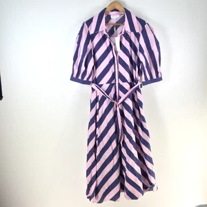 NEW Leoni shirt dress womens 16 navy pink striped midi belt collar 115074 - Picture 1 of 10
