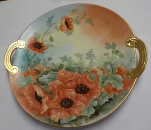 Hand Painted Handled Cake / Serving Plate Orange Poppies & Gold Trim by M. Lang - Picture 1 of 7