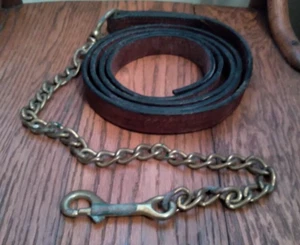 Brown Tooled Design Leather Horse Lead with Brass Chain & Snap - used - Bild 1 von 3
