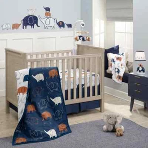 L&I - CLASSIC Elephant Blue/Brown/White COTTON 3-Piece Boy Baby Crib Bedding Set - Picture 1 of 9