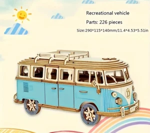 Blue 3D Wooden Camping Bus Puzzle, DIY - Picture 1 of 4